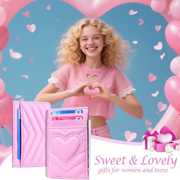 Leather Card Holder Wallet RFID Blocking Pink Compact Slim Women Gift - Picture 6 of 9